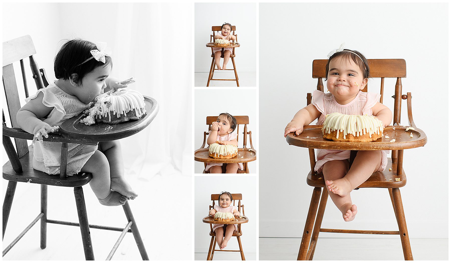 studio cake smash session for one year old baby girl in high chair
