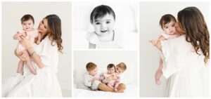 Baby photographer in Eden Prairie photographs mom in white dress with 7 month old baby girl