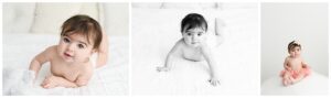 7 month old baby on white bed and in pink tutu - baby photographer in Eden Prairie