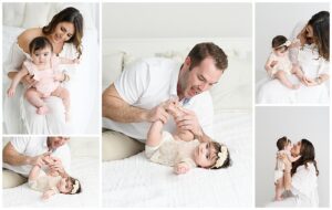 photos of 7 month old baby girl playing with mom and dad on white bed