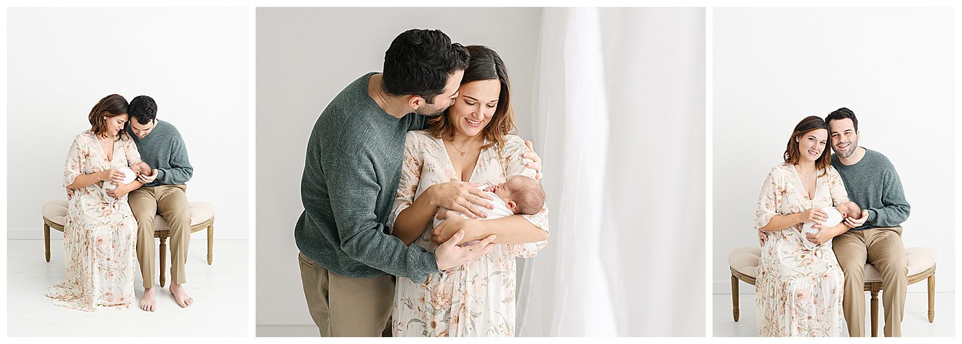 photos of mom and dad sitting on bench in studio with newborn baby girl