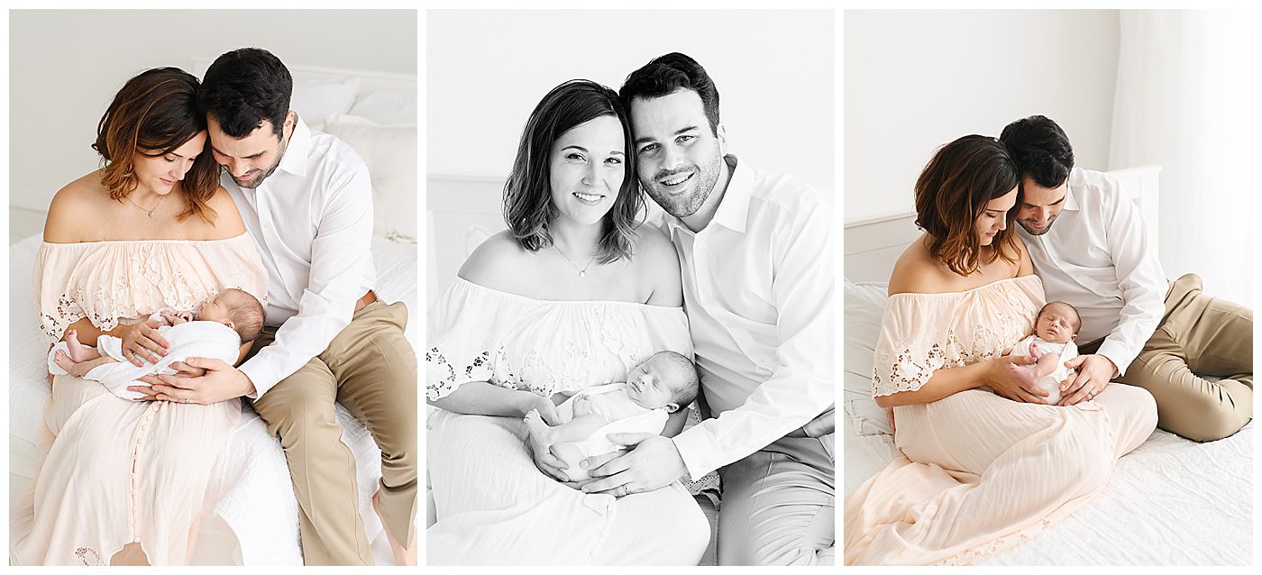 photos of mom and dad with newborn baby girl on bed