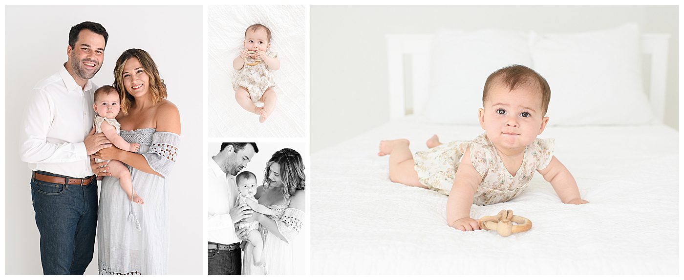 photos of mom and dad with 6 month old baby girl on bed in photography studio
