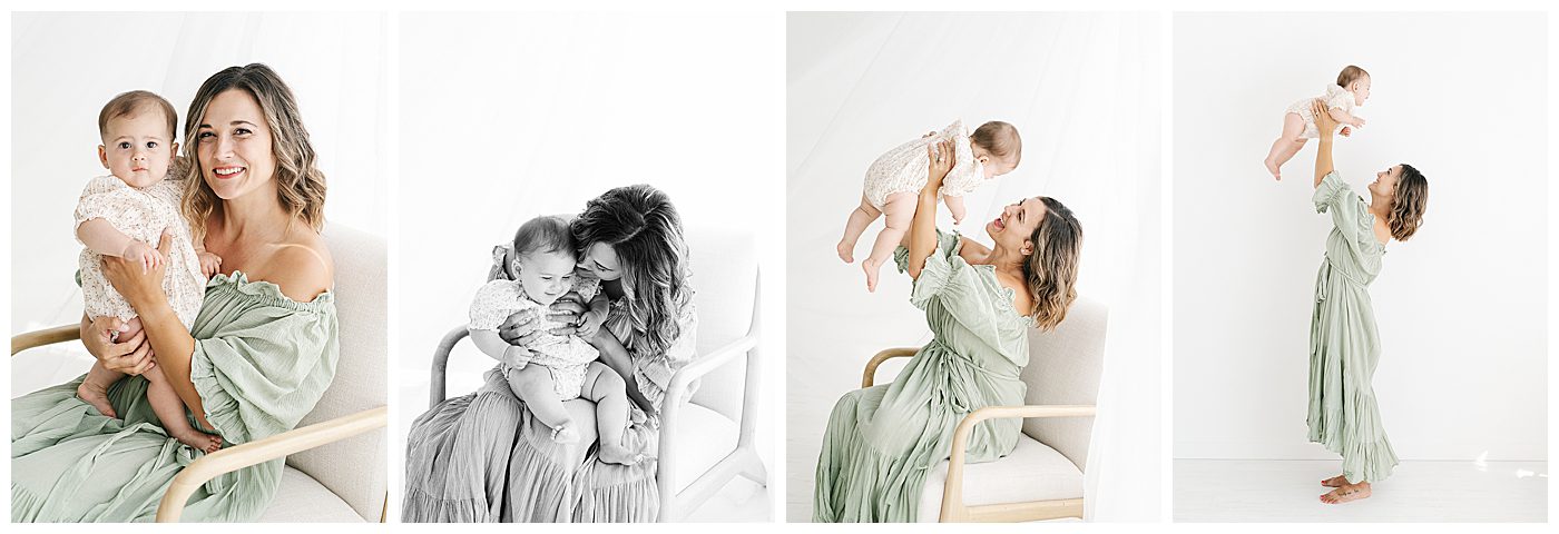 mom playing with 6 month old baby girl in studio for photos