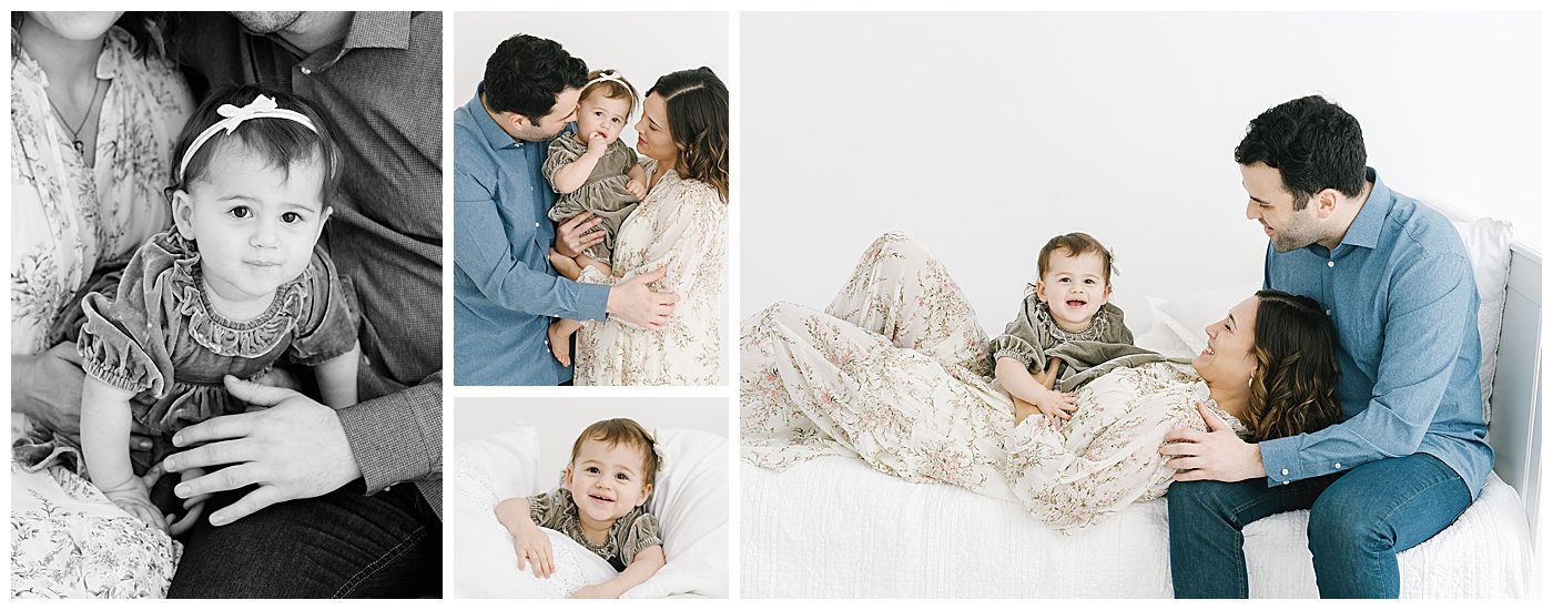 One year photos of baby girl playing with her parents on a bed in photography studio