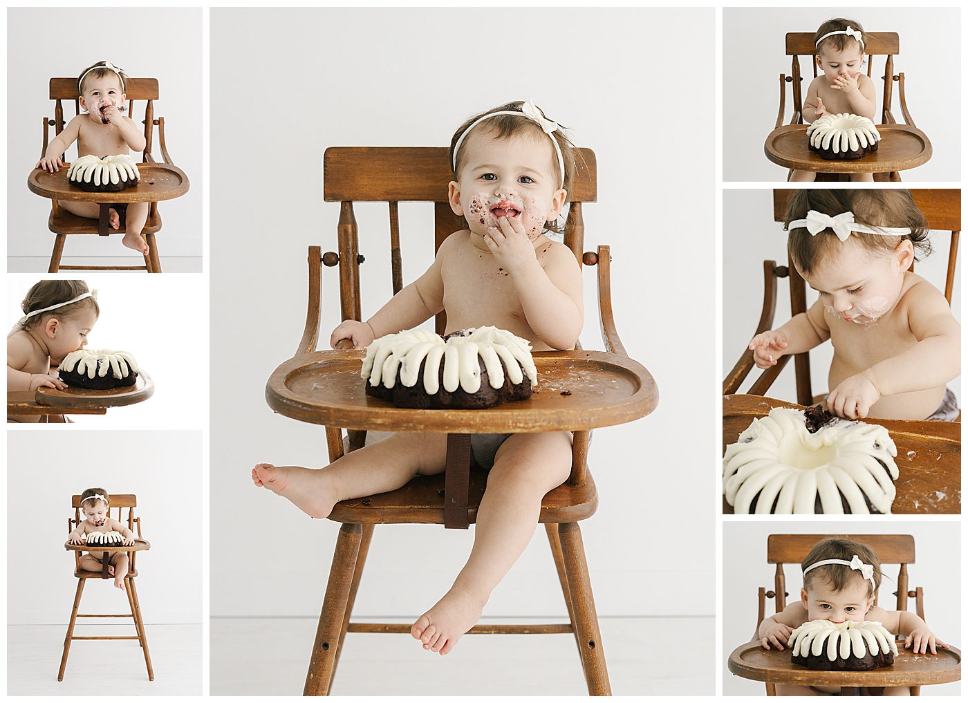 One year baby girl cake smash photos in high chair