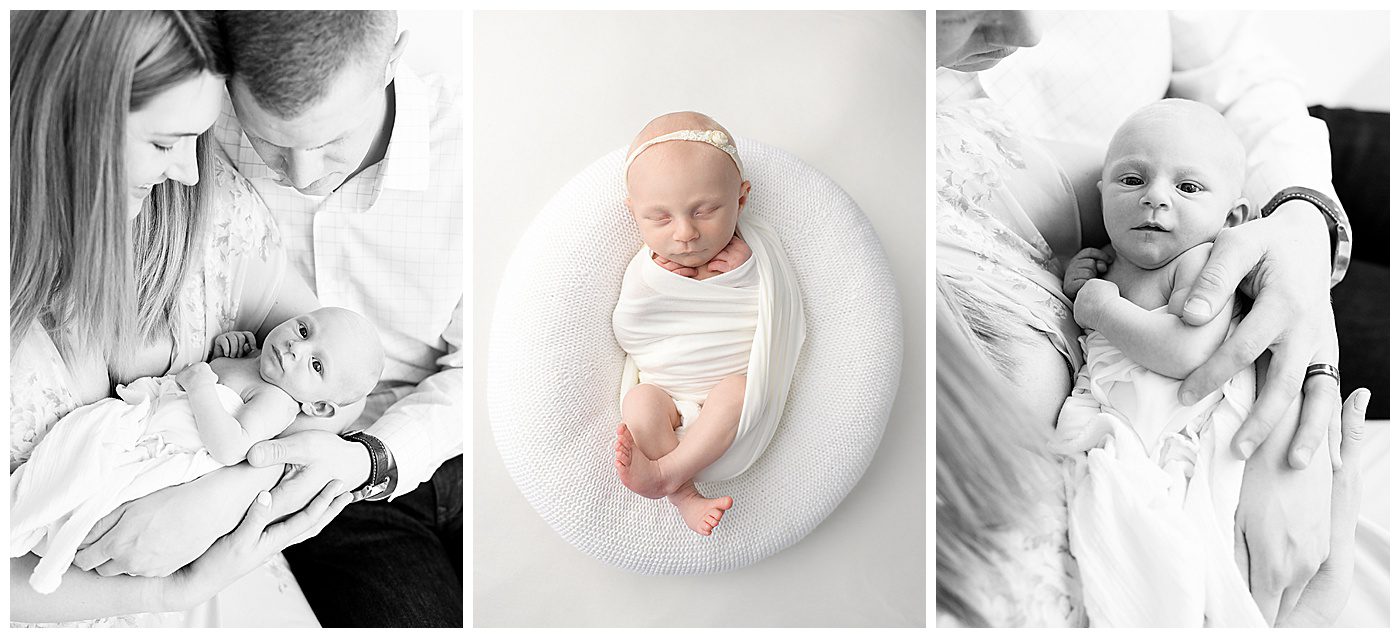 newborn baby girl photos with mom and dad in studio