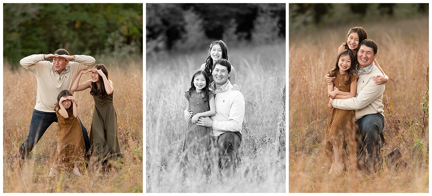 Fall family photos of dad and two pre-teen daughters in the tall grass for family photos in white bear lake