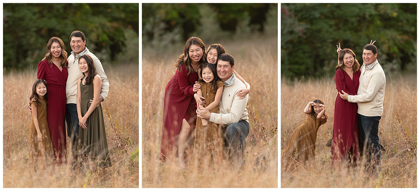 Outdoor photos of mom, dad and two daughter in the tall grass for outdoor family photos in White Bear Lake at Tamarack nature center
