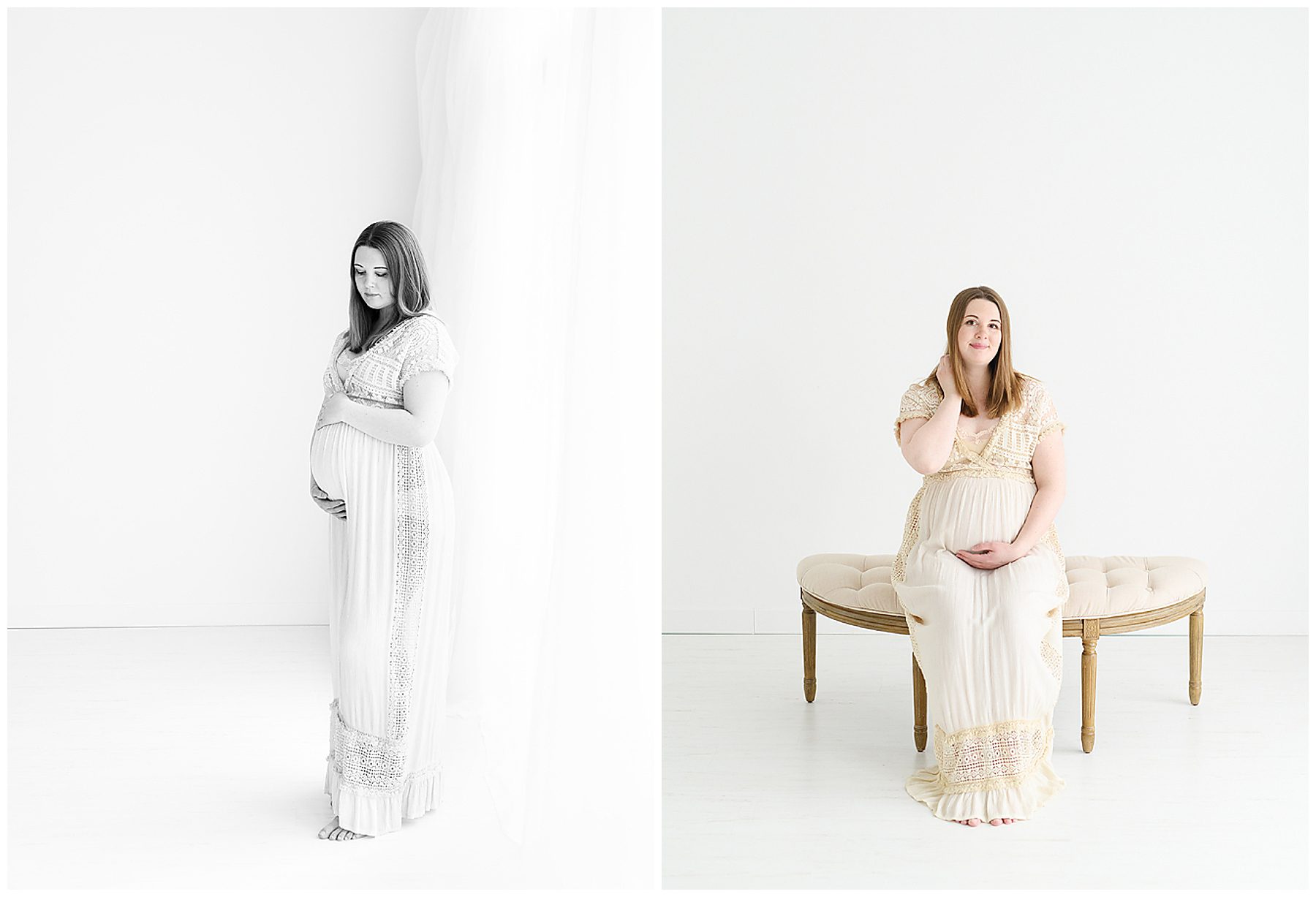 materntiy photos in all white studio of mom in boho dress