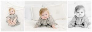 baby photos in studio of baby girl on white bed