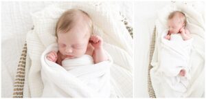 newborn baby girl in basket with white wrap and blanket