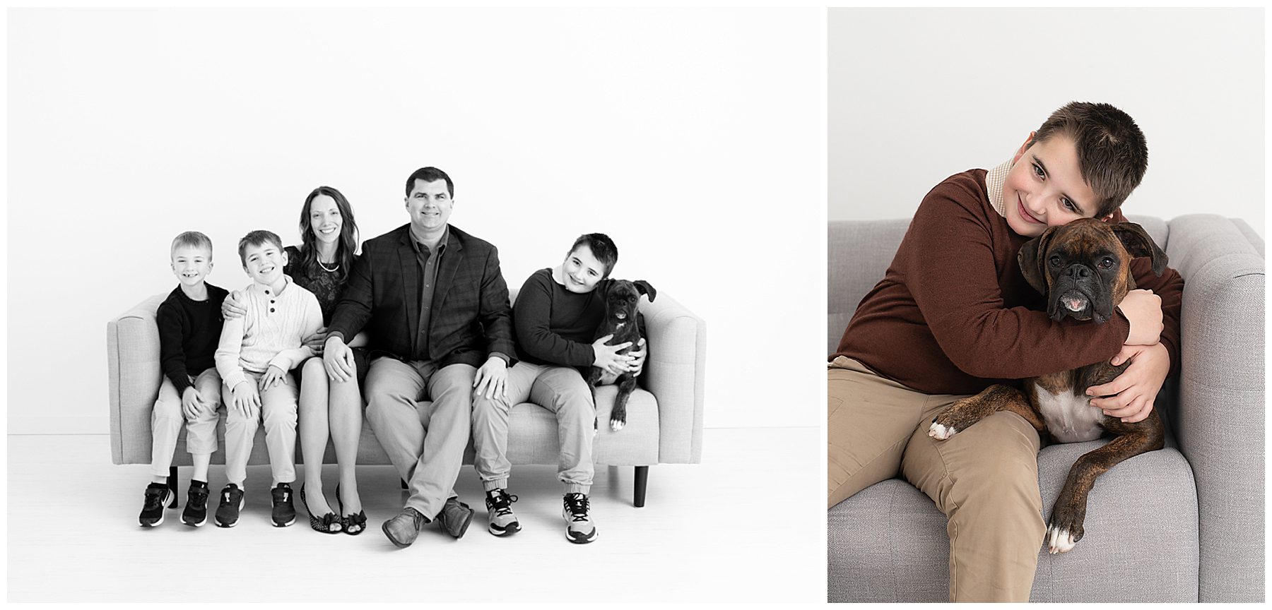 Family photos in studio on a couch with boxer dog in color and black and white