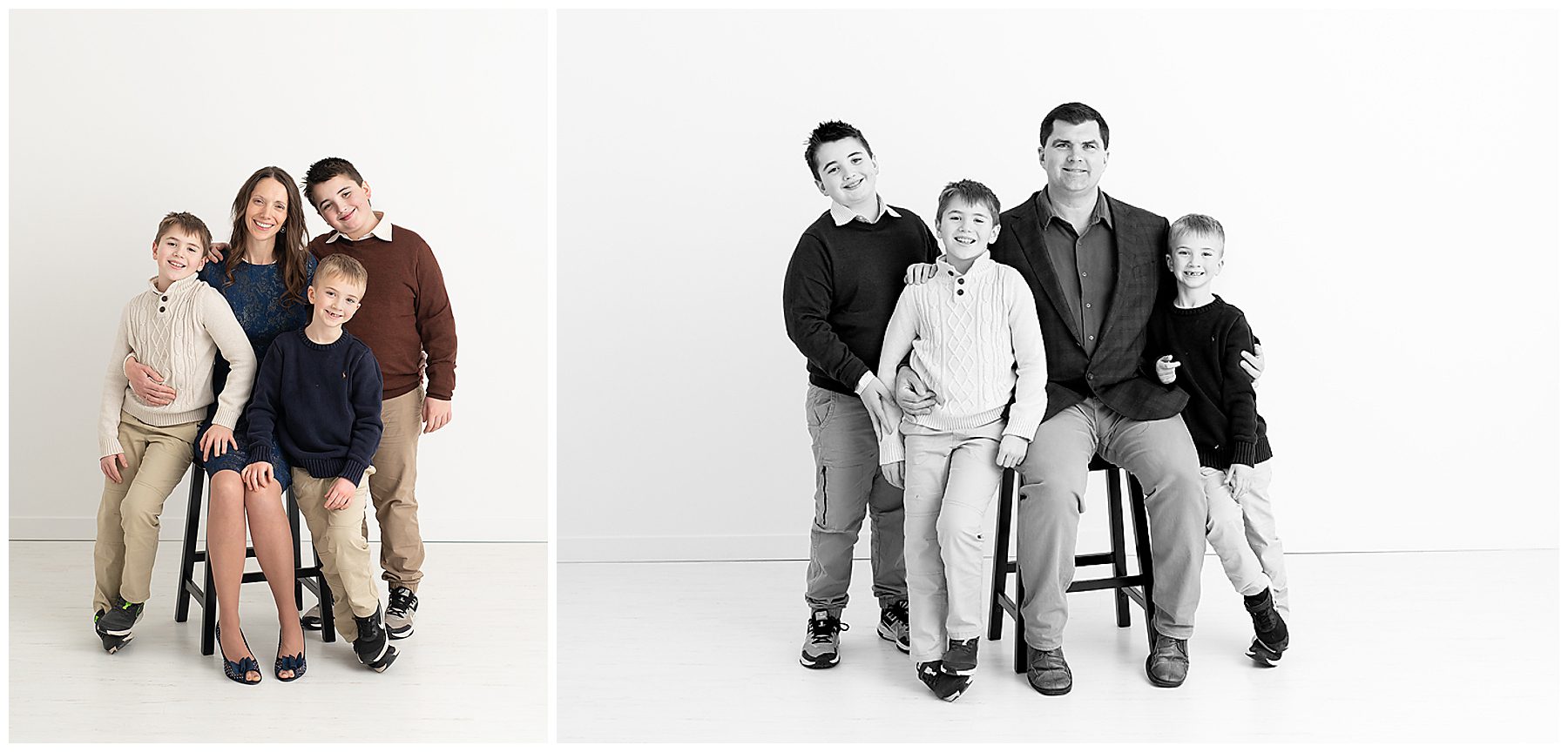 Family photos in studio of parents with three boys