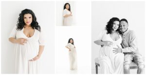 Beautiful pregnant mom in white dress with white background