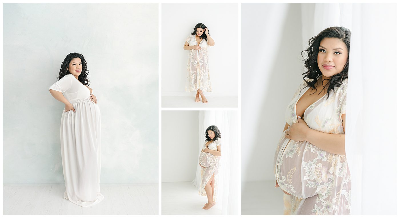 pregnant mom with long brown curly hair and long white dress getting photos with canvas backdrop