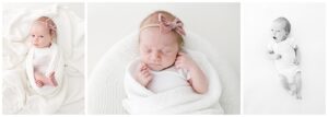newborn baby girl in white swaddle and blanket by Blaine newborn photographer
