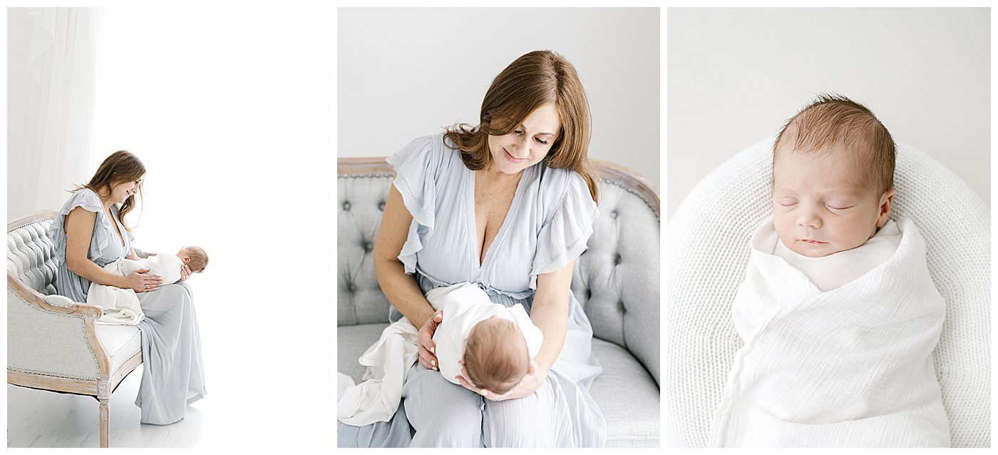 newborn baby boy swaddled in white and mom in blue dress
