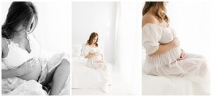 boudoir Minneapolis maternity photography with mom on white bed