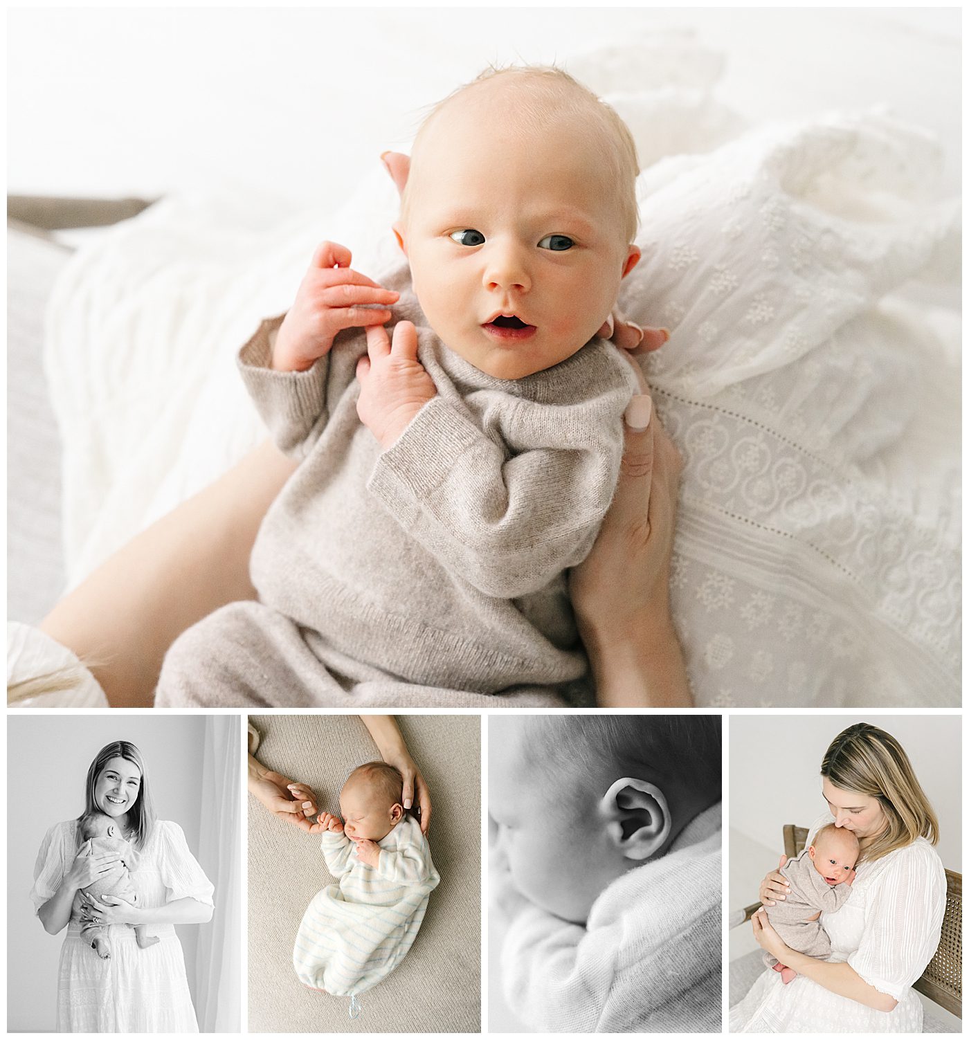 newborn baby boy with mom in white dress for Mendota heights natural light newborn photos 