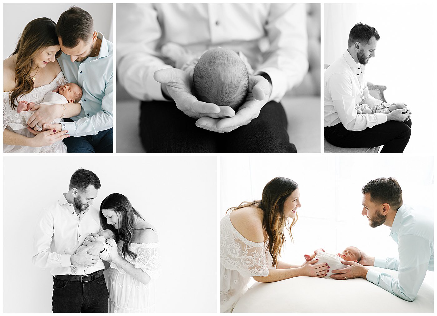 New parents holding their newborn baby in natural light photo studio in Blaine