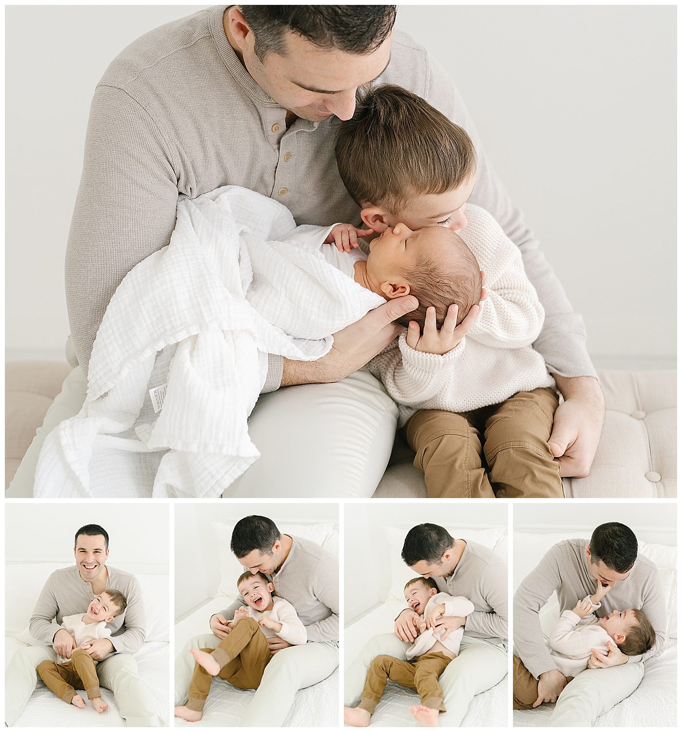 brother and dad with newborn baby with cottage grove newborn photographer