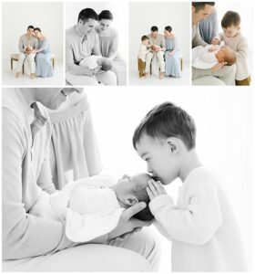 Newborn and family photos with toddler brother kissing baby on head for cottage grove newborn photographer