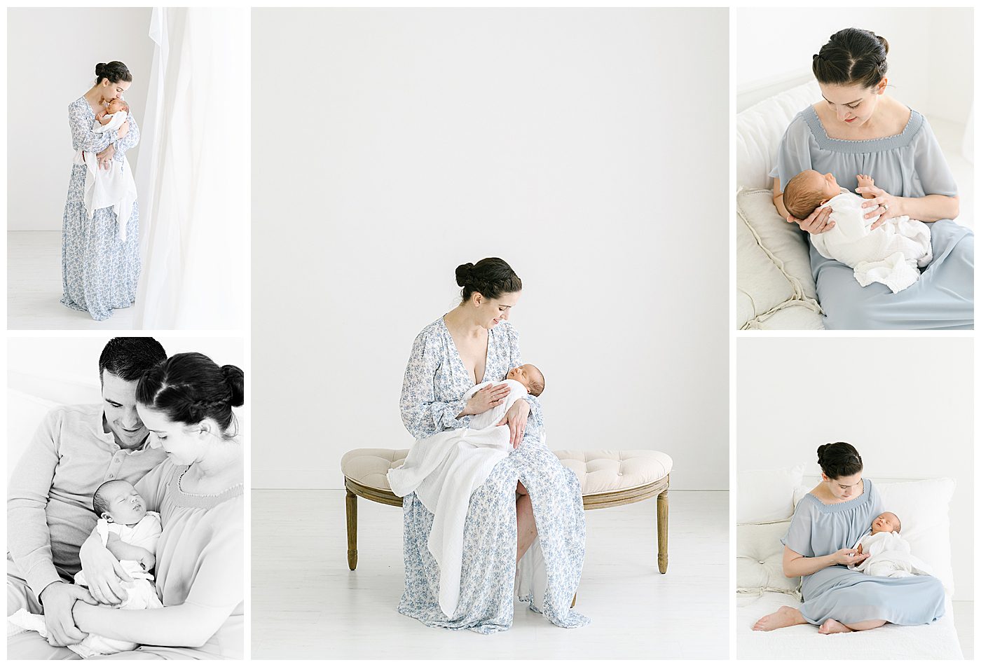 mom wearing dress from studio wardrobe with newborn baby boy in natural light with studio for cottage grove newborn photographer