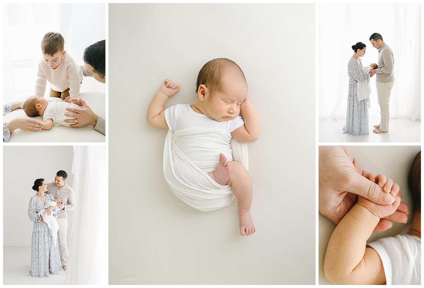newborn baby boy on white with parents and toddler brother