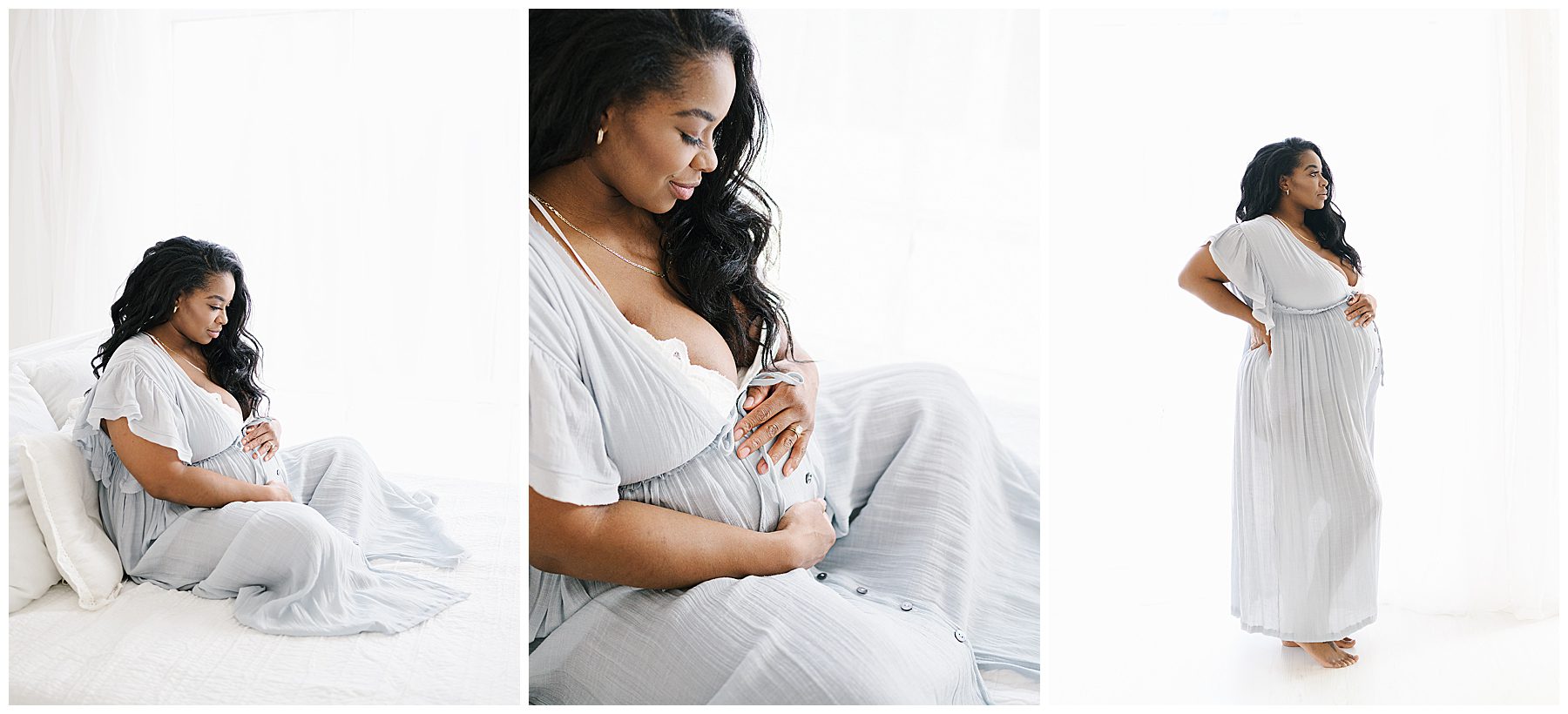 backlit maternity photos of woman in blue dress by burnsville studio maternity photographer  