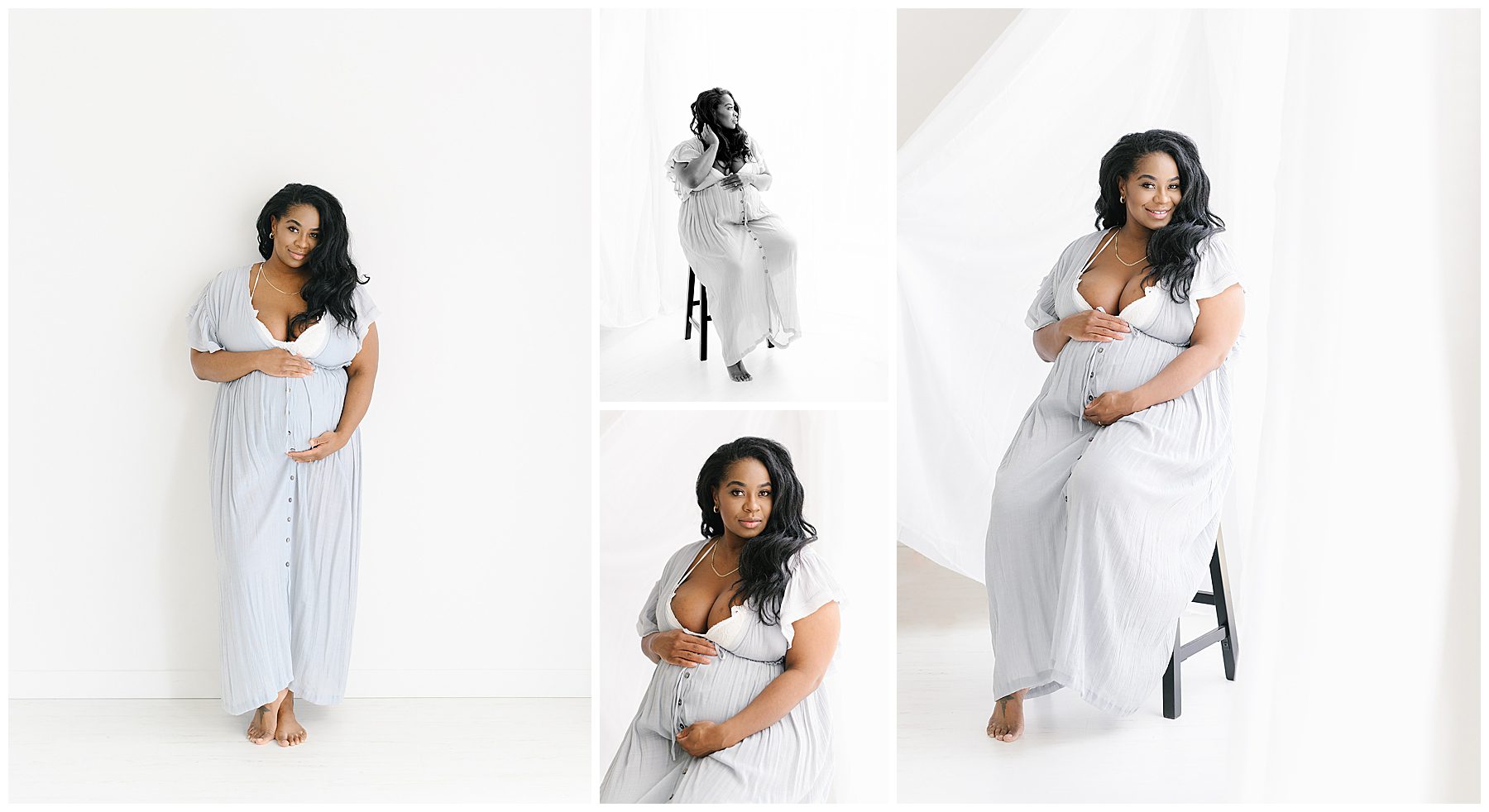 studio maternity portraits of mom sitting on stool with white sheers against a white backdrop