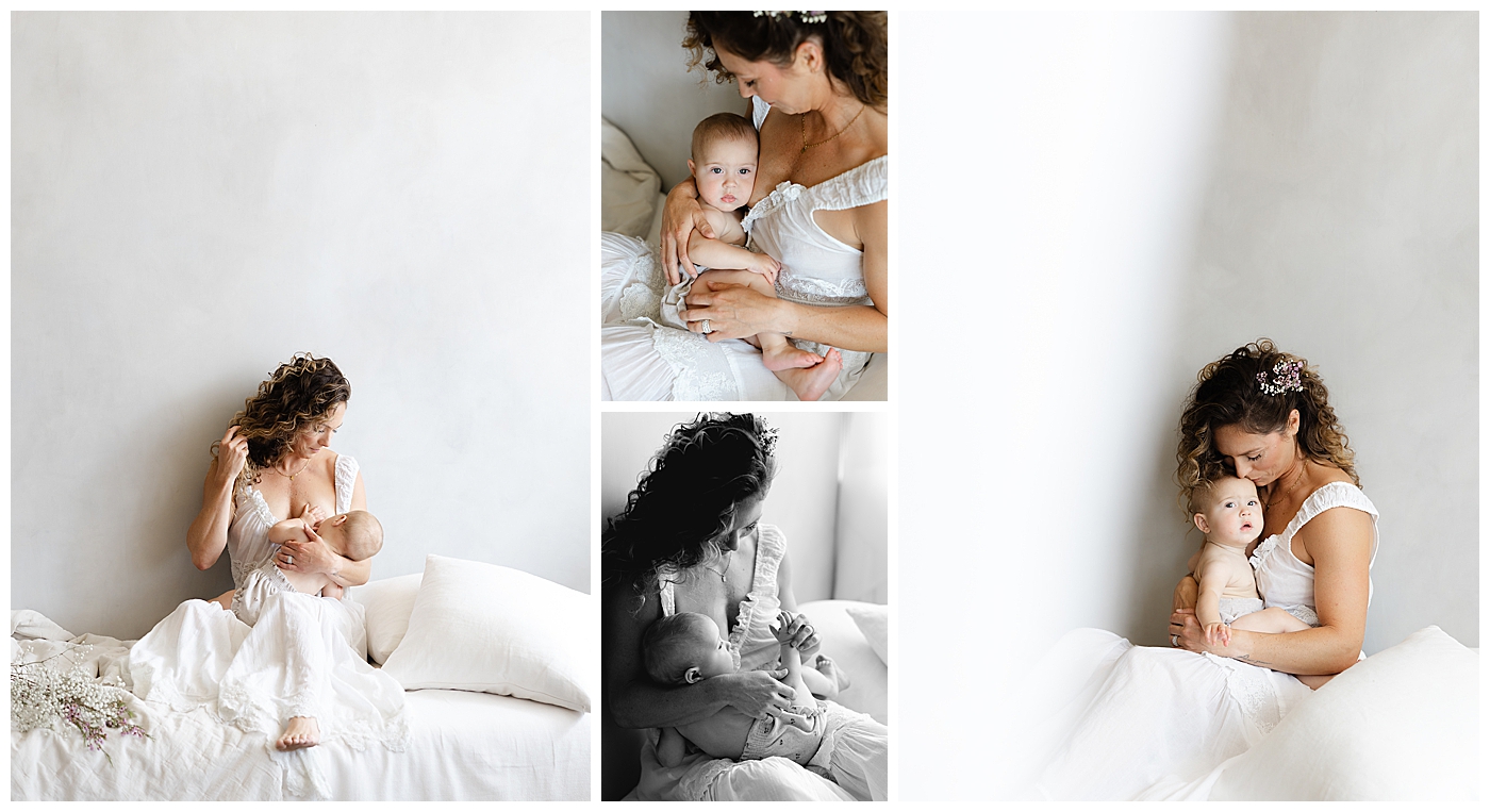 Motherhood and nursing photos in natural light photography studio