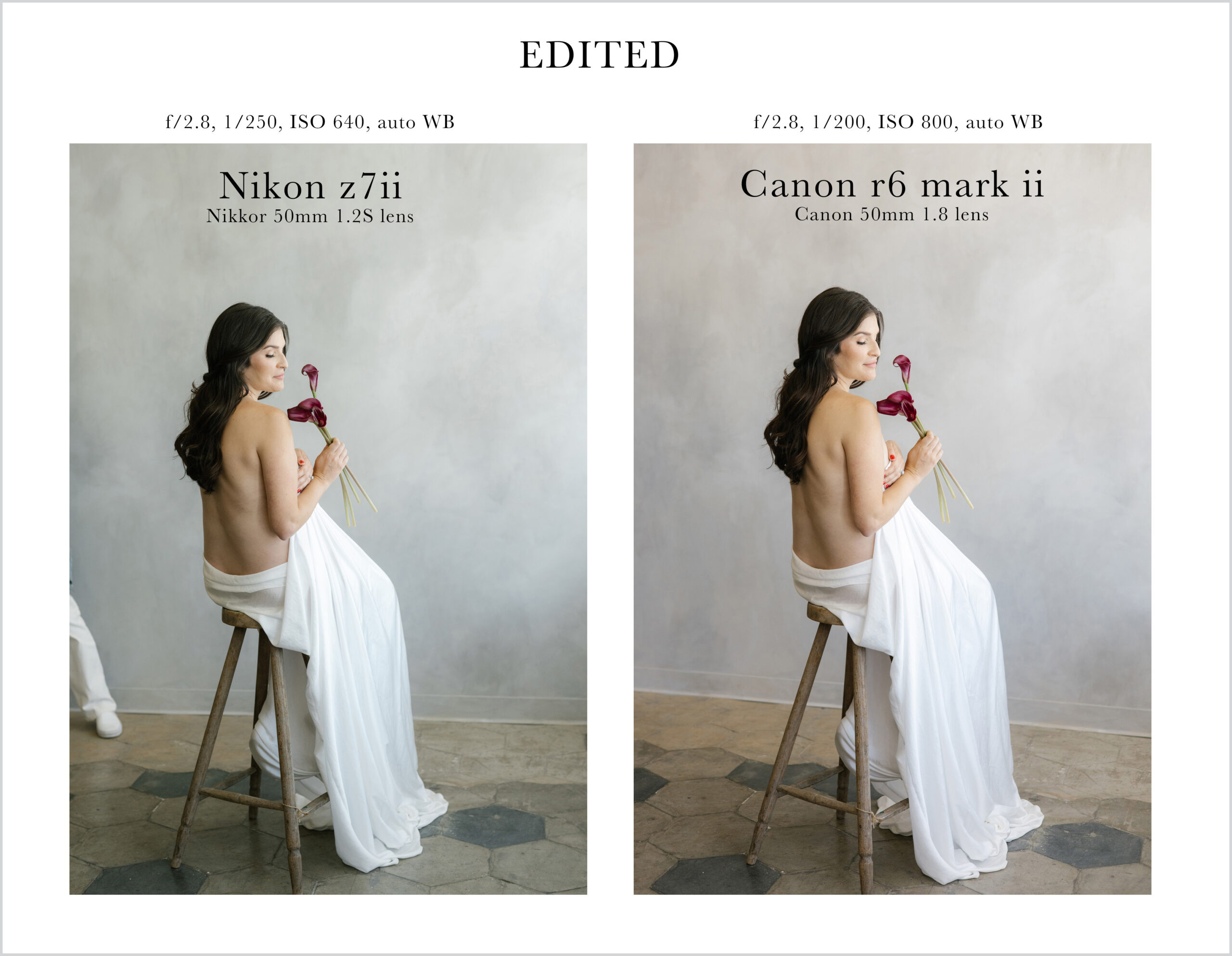 comparison of nikon and canon mirrorless cameras with woman sitting on stool with grey canvas backdrop