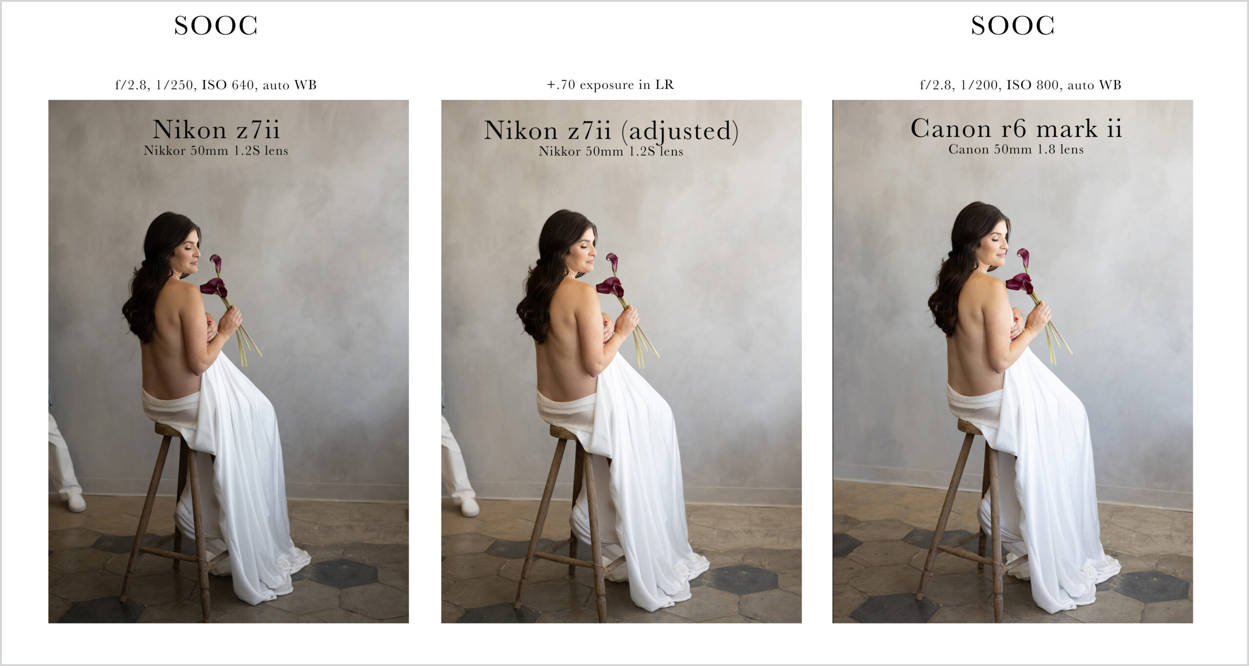 Nikon z7ii comparison with Canon r6 mark ii with woman sitting on stool with grey canvas backdrop