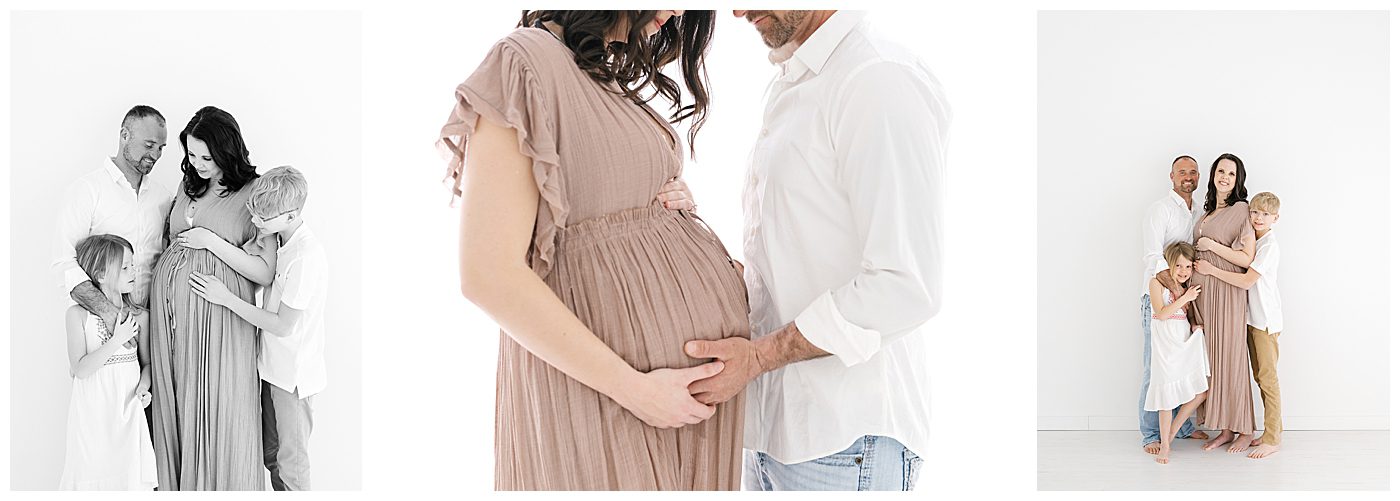 maternity photos in studio with family of four
