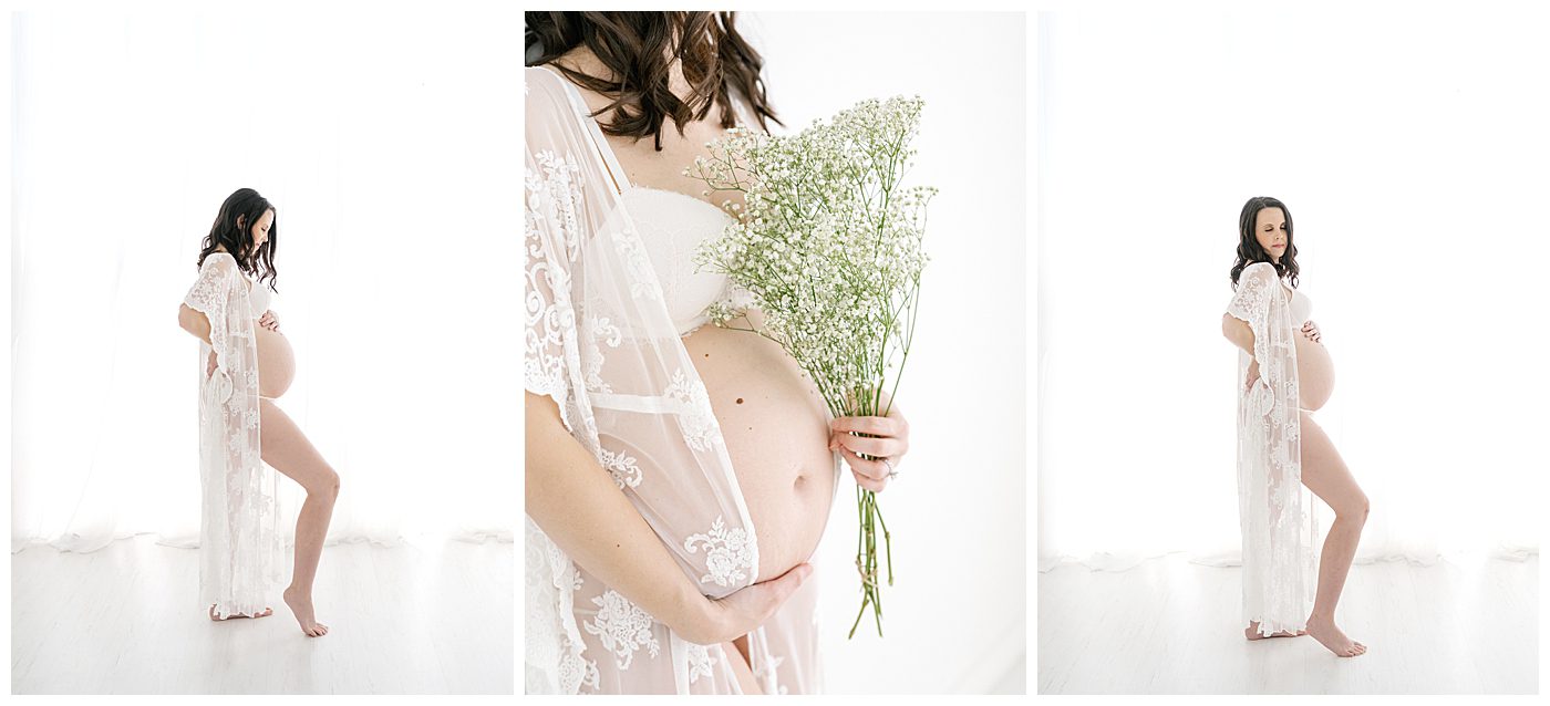 boudoir maternity photos in lace robe with babies breath flowers