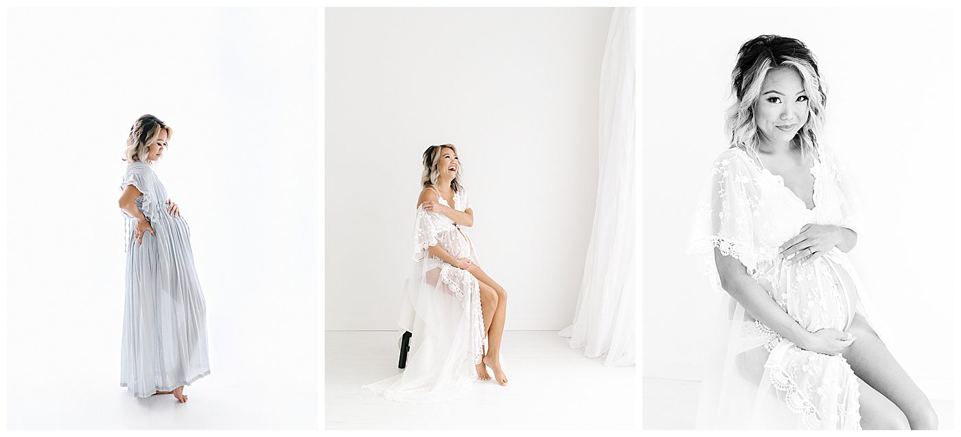boudoir maternity session in minneapolis with 29 week pregnant mom in lace robe holding baby belly