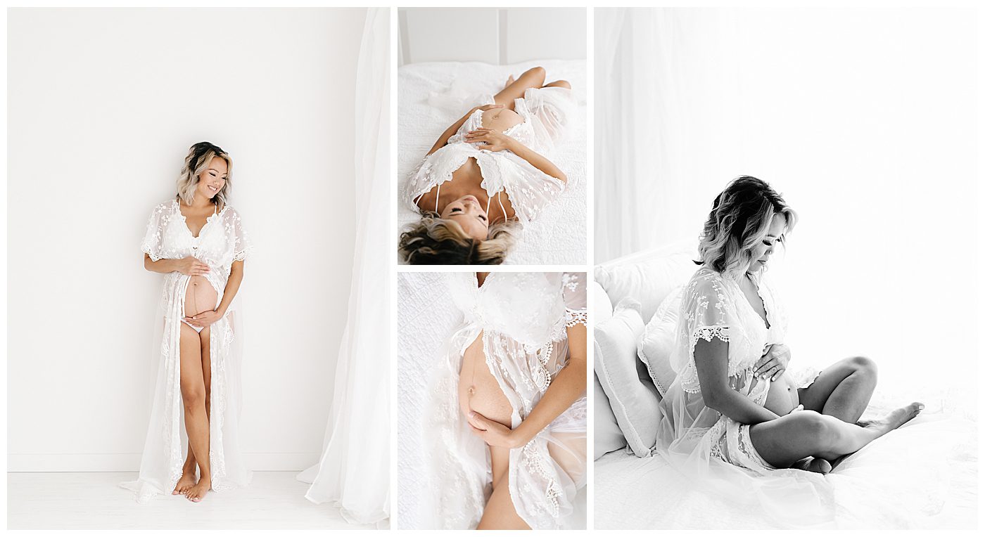 natural light boudoir maternity photos in color and black and white of mom in white lace robe holding baby belly