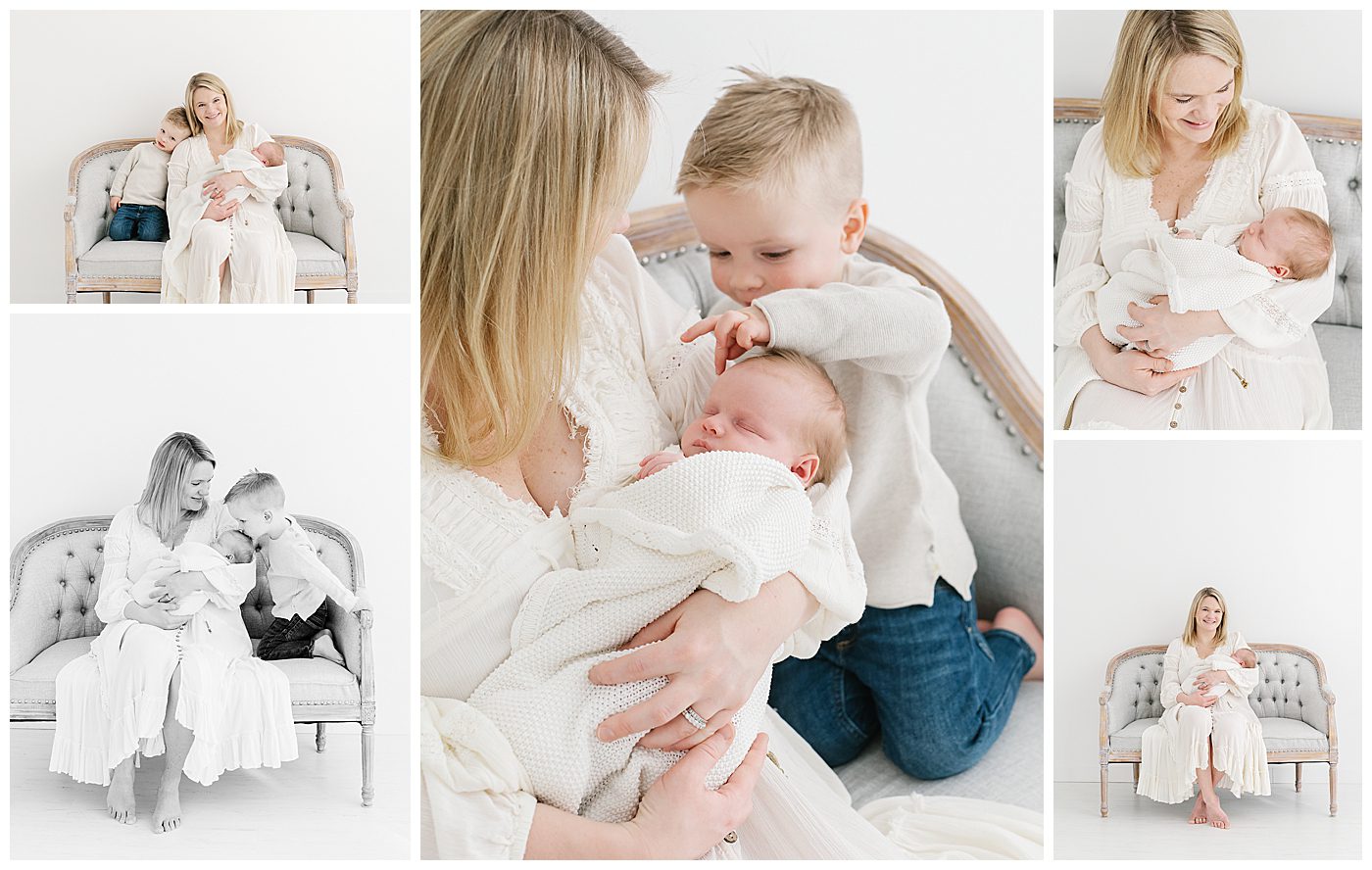 motherhood photos of mom in white dress siting on grey settee with newborn baby girl and 3 year old big brother.