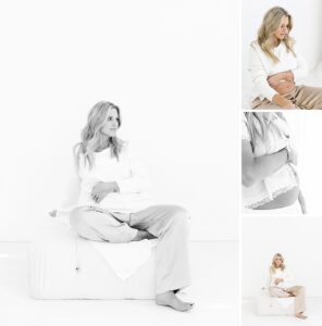 35 week pregnant mom poses for studio maternity photos in white sweater and satin pants.