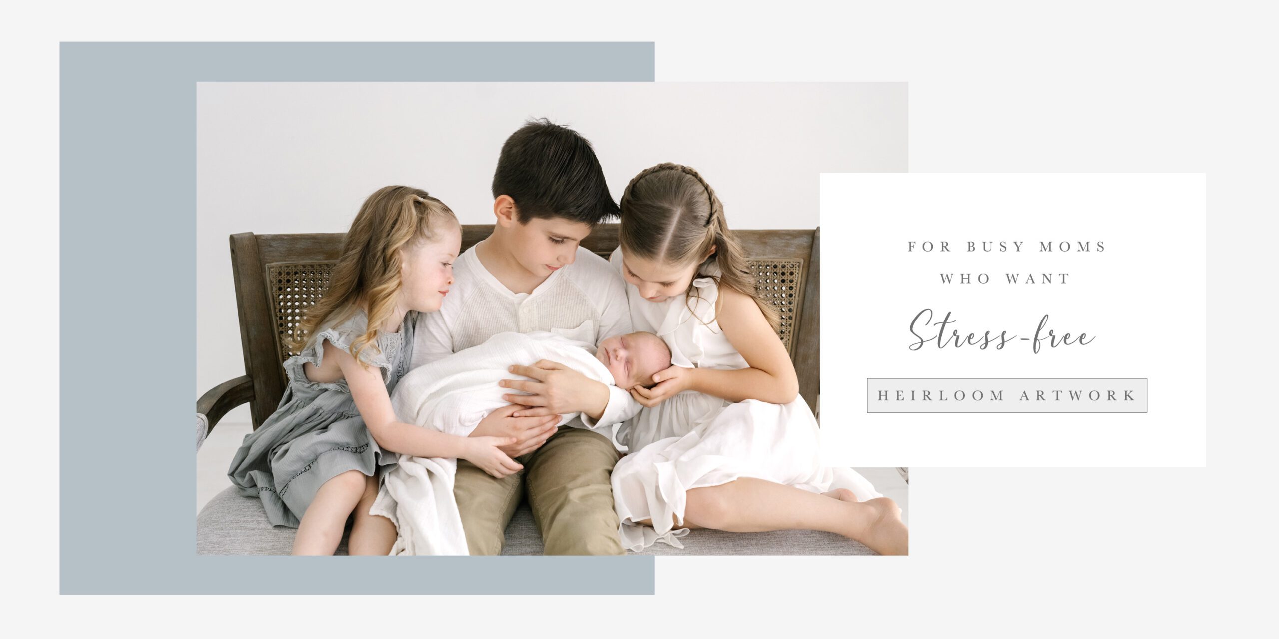 newborn with older siblings on bench in Minneapolis photography studio