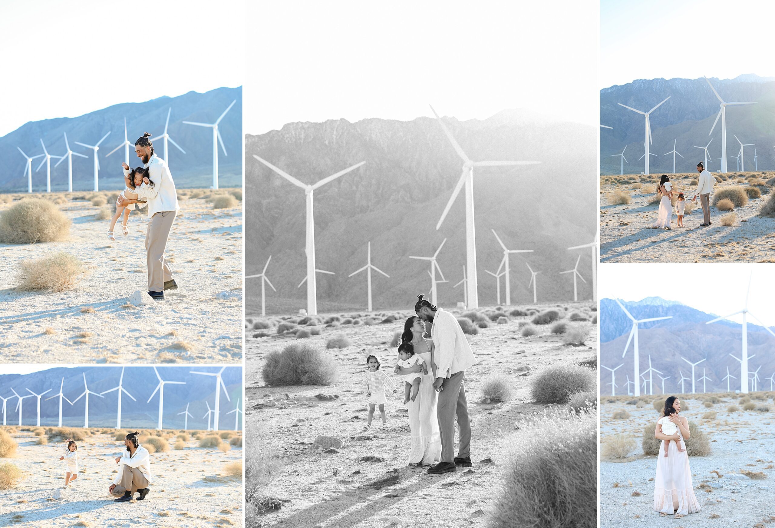 family of four with two toddlers being photographed in Palm Springs California by the windmills at sunset