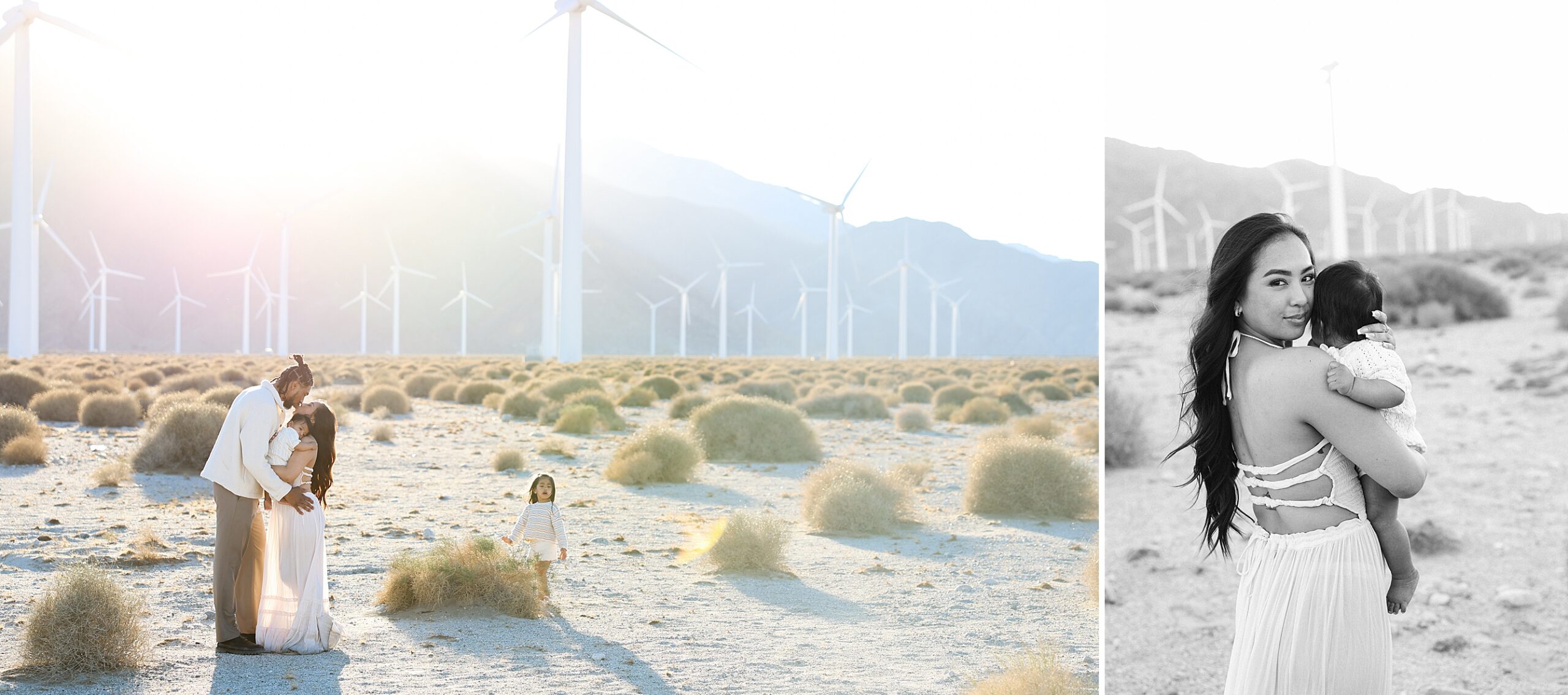 family photographed at sunset at the wind mill turbines in Palm Springs California at sunset