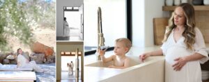 maternity and family session with small child in sink and mom by pool and standing in door at VRBO in Joshua Tree, California for a maternity session