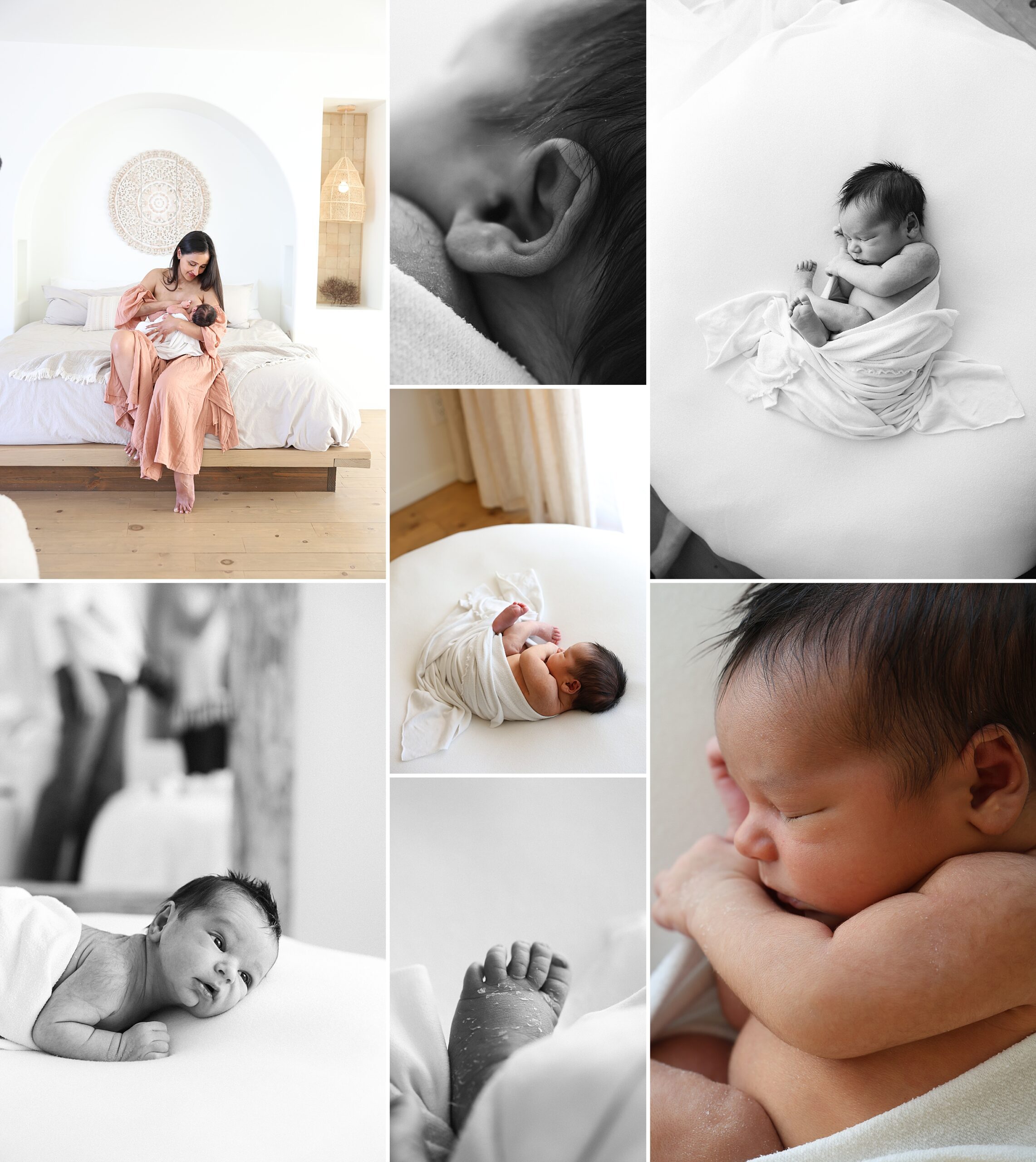 newborn photos of baby on white blanket and with mom nursing on bed in Joshua tree California