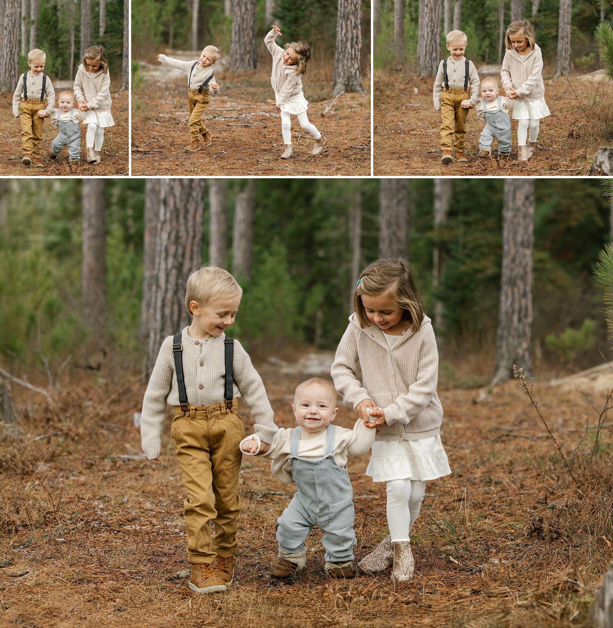 collage of outdoor photos of 10 month old baby walking with two older siblings