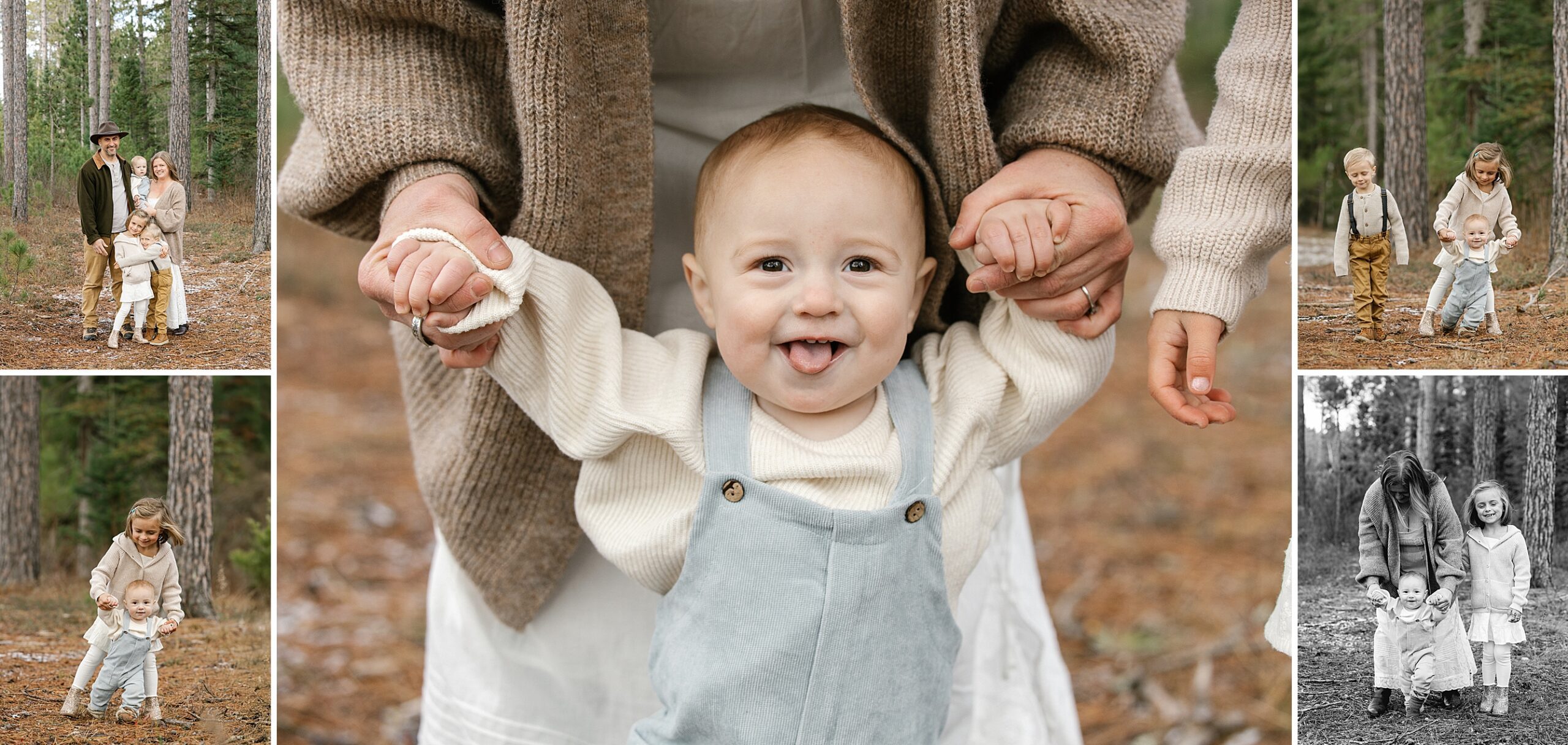 collage of outdoor family photos with mom, dad, siblings and 10 month old baby boy smiling at camera
