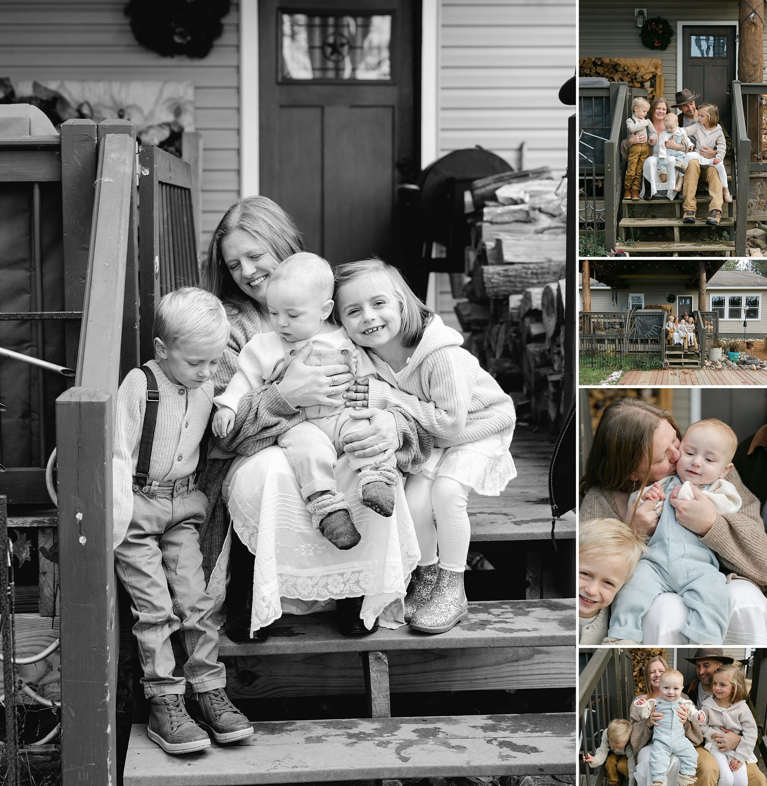 Family snuggled together on the front steps of their home