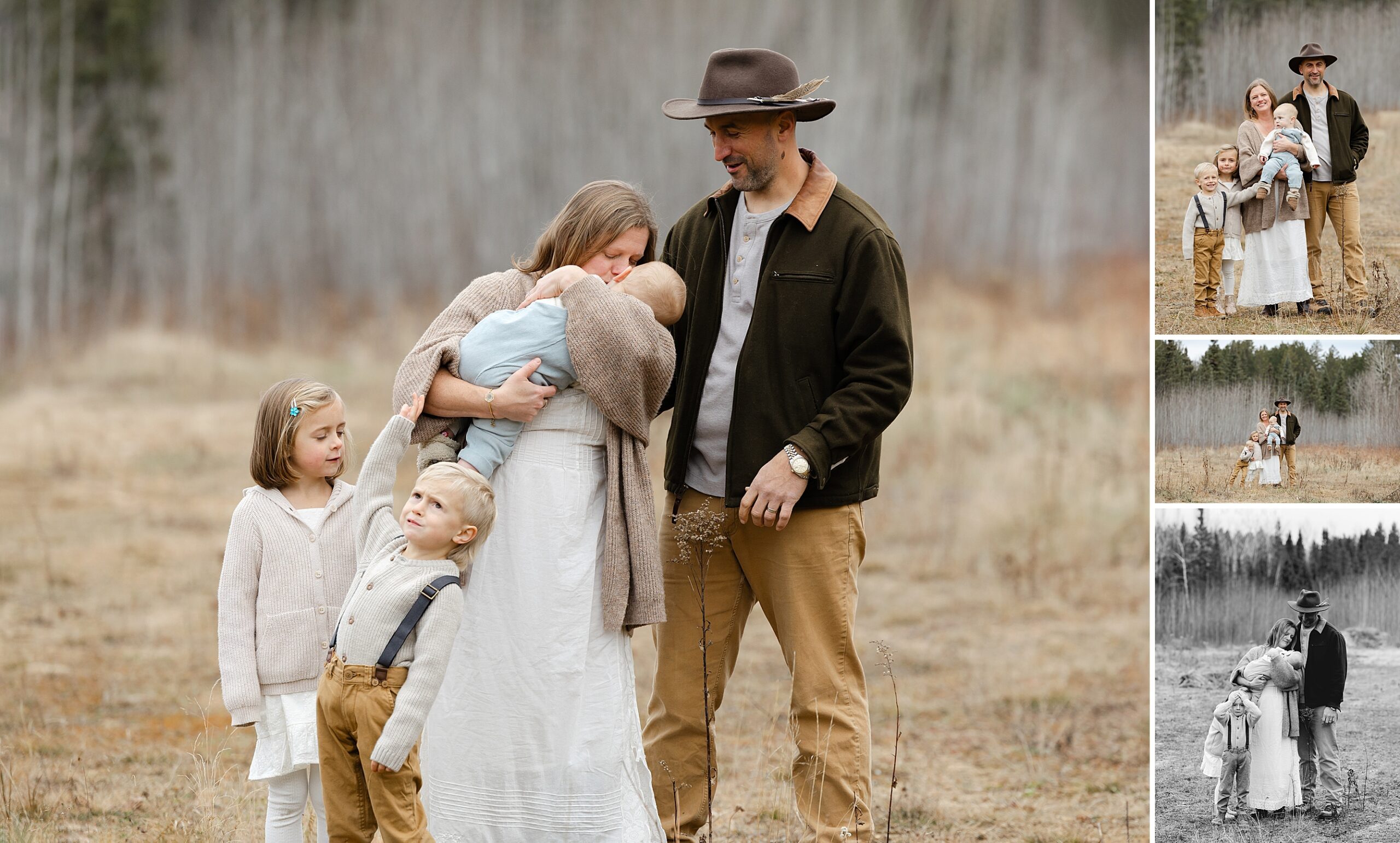 collage of photos outdoors with family snuggling 10 month old baby