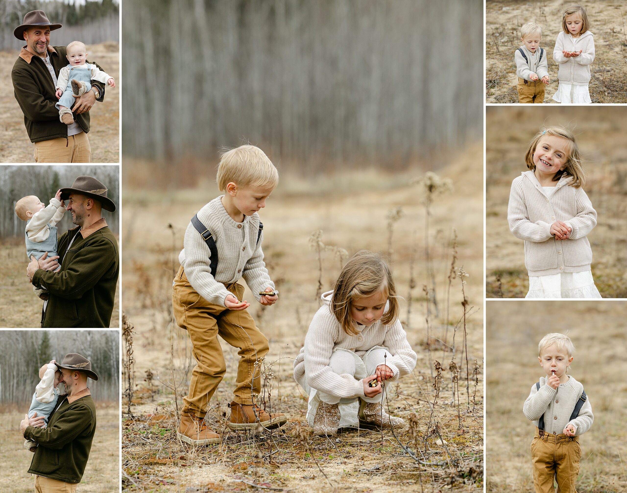 collage of family photos outdoors - baby playing with dads hat and two older siblings looking for items in the dirt
